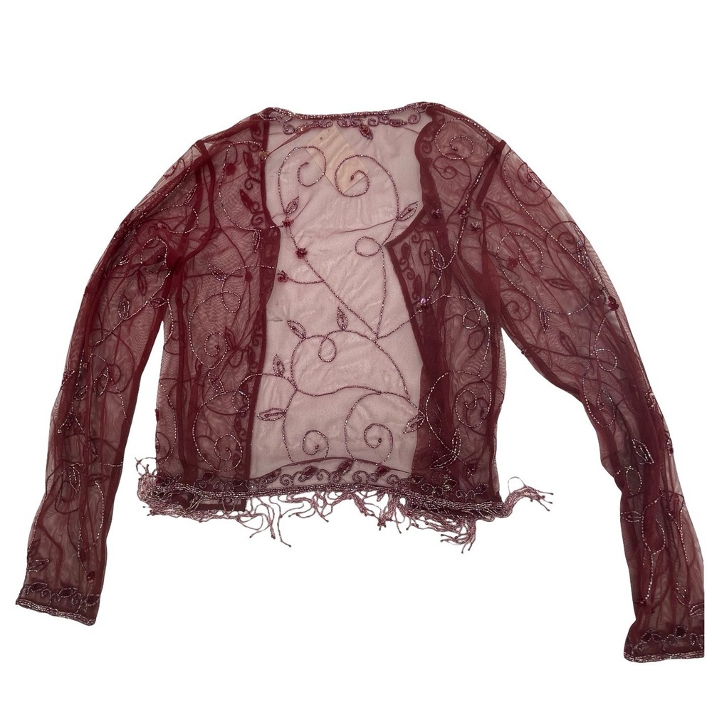 Unbranded Women Cardigan Bolero Shrug Vintage Burgundy Mesh Beaded One Size - Picture 2 of 8